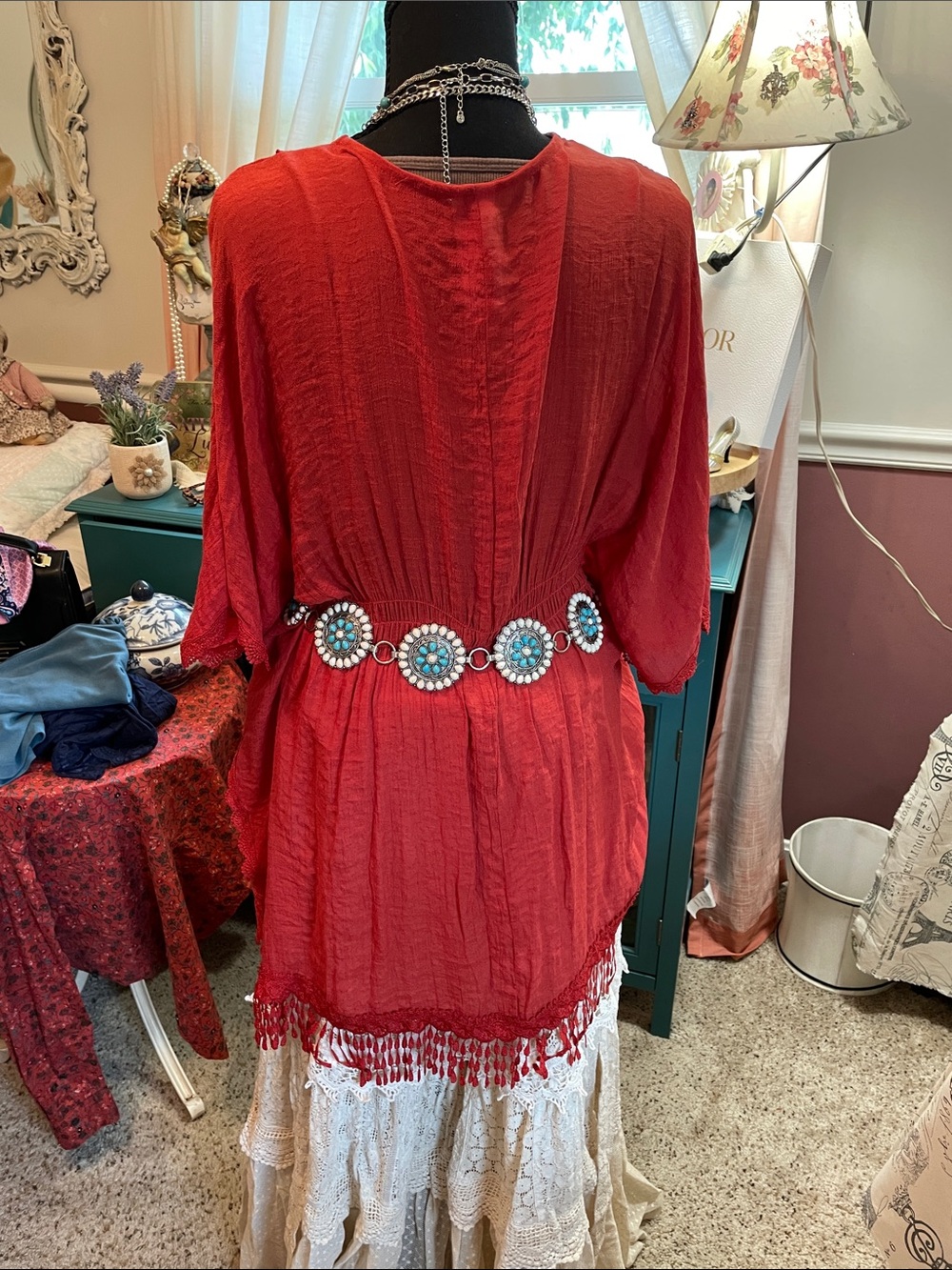 Boho Lace-Trim Rust Women's Top with Tassel Hem - Picture 6 of 17